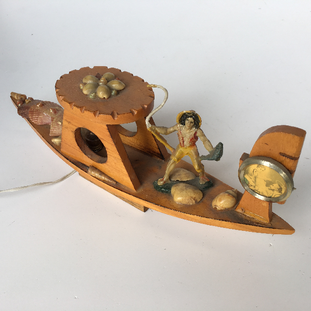 LAMP, Decorative Table Lamp - Wooden Boat w Shells
